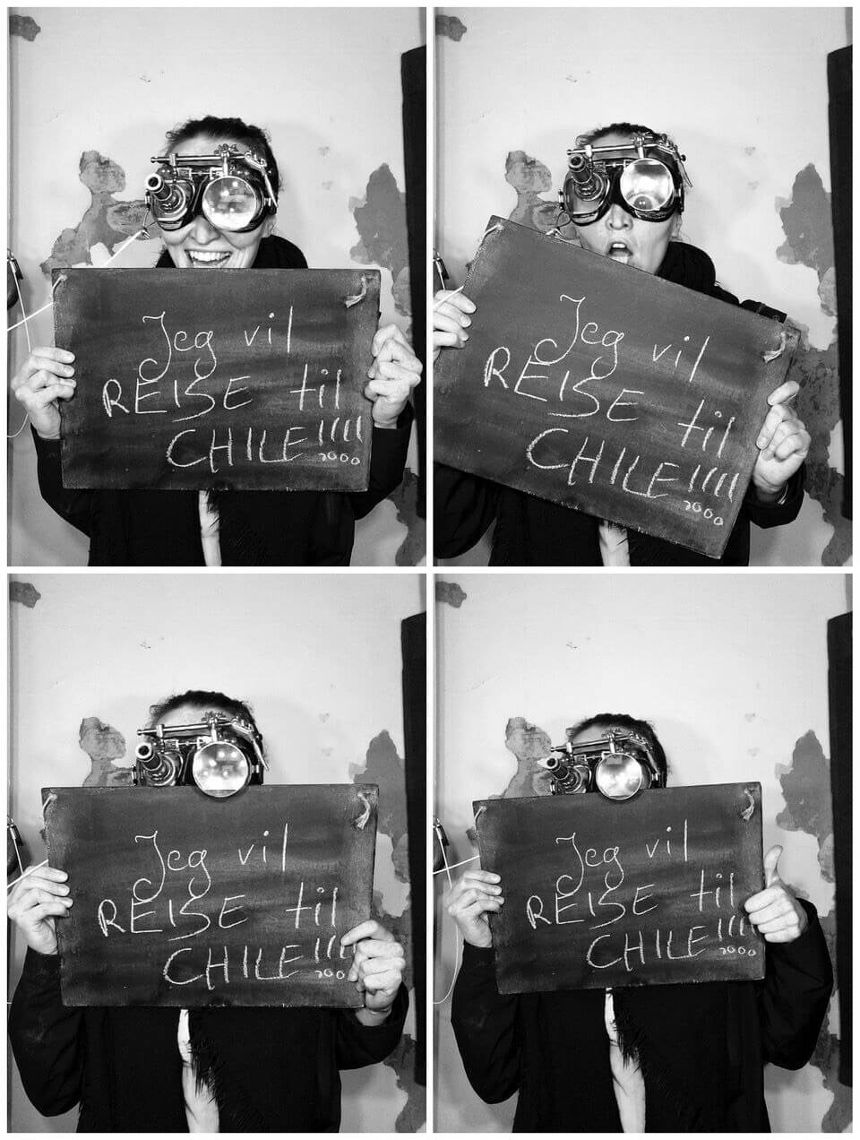 Four portraits of a person holding a sign that says Jeg vil reise til Chile! which means I want to go to Chile!