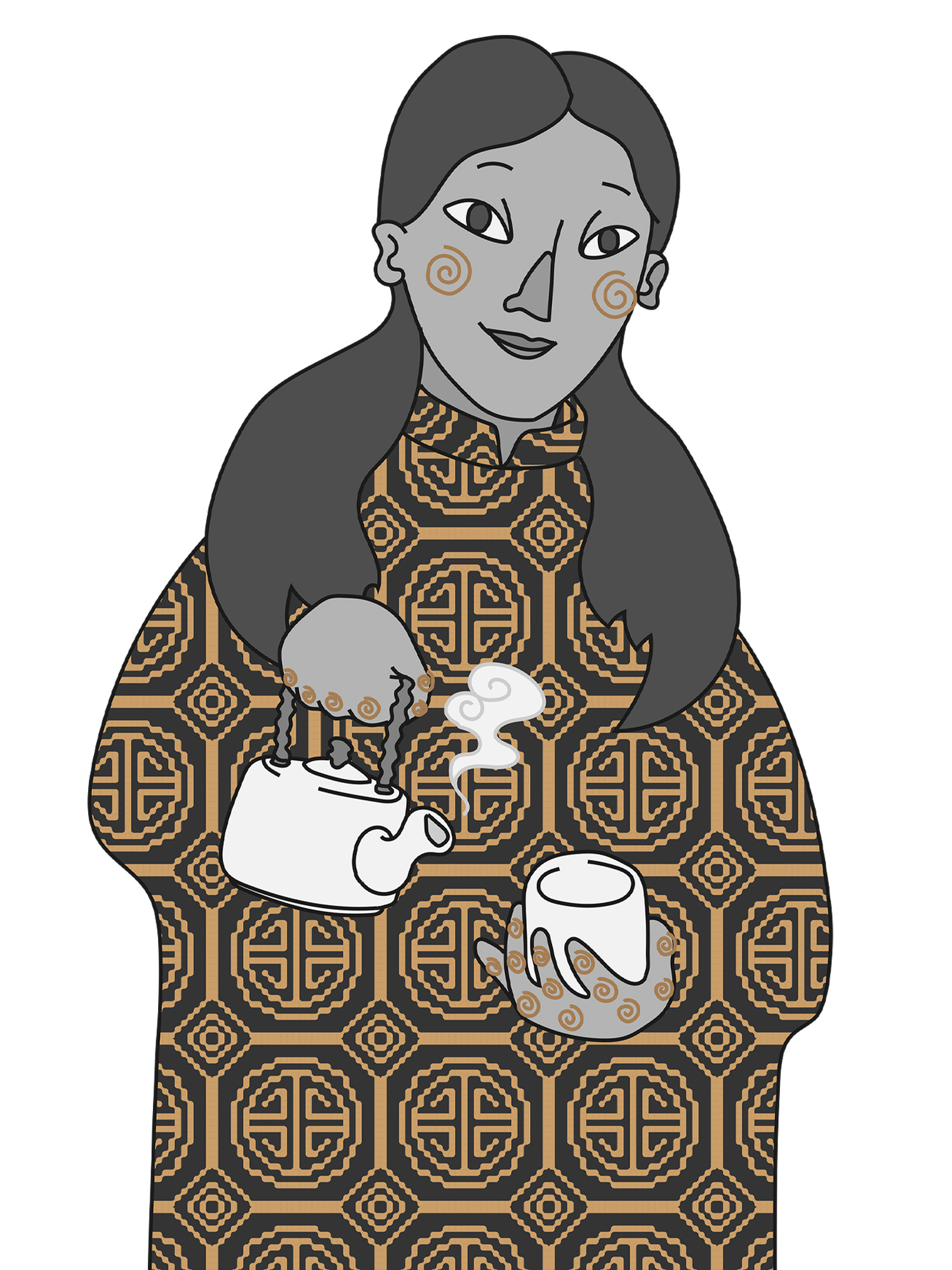 Illustrated Chinese woman with patterned clothes on and cup of tea in her hand