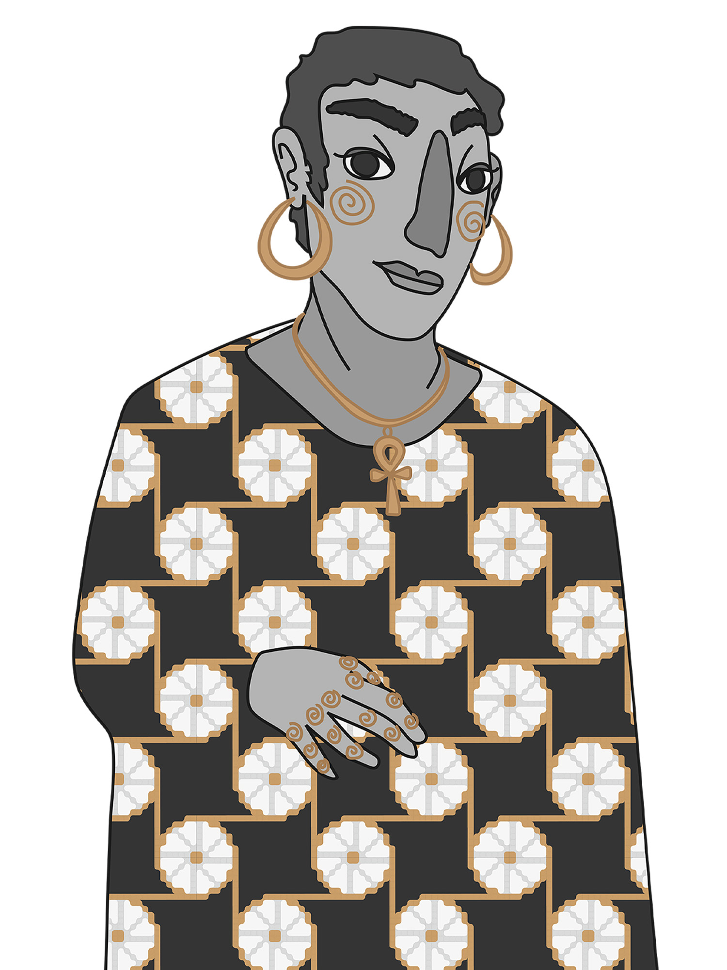 Illustrated Egyptian man wearing circular patterned clothes