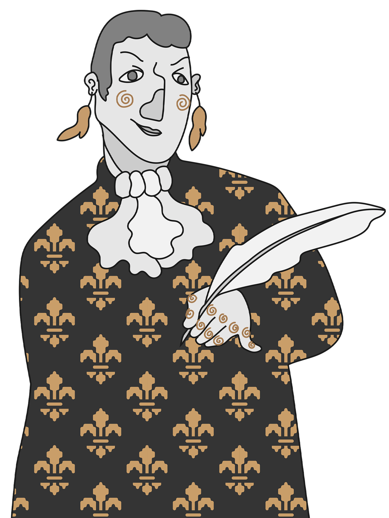 Illustrated French man wearing patterned clothes and carrying a feather in his hand