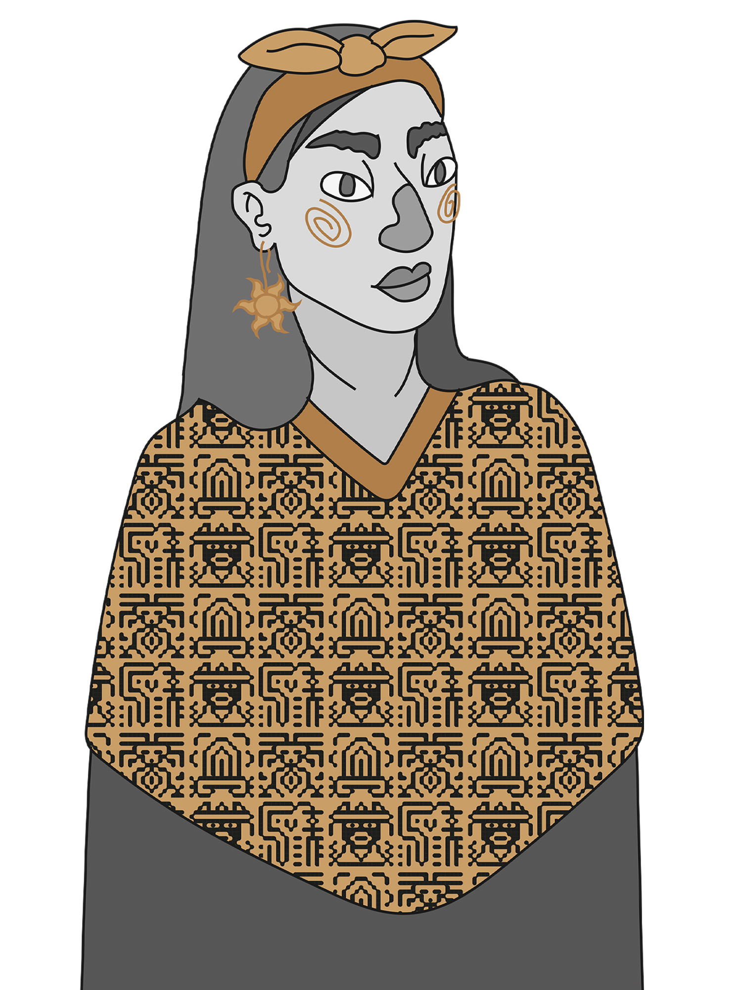 Illustrated Mexican woman wearing patterned clothing