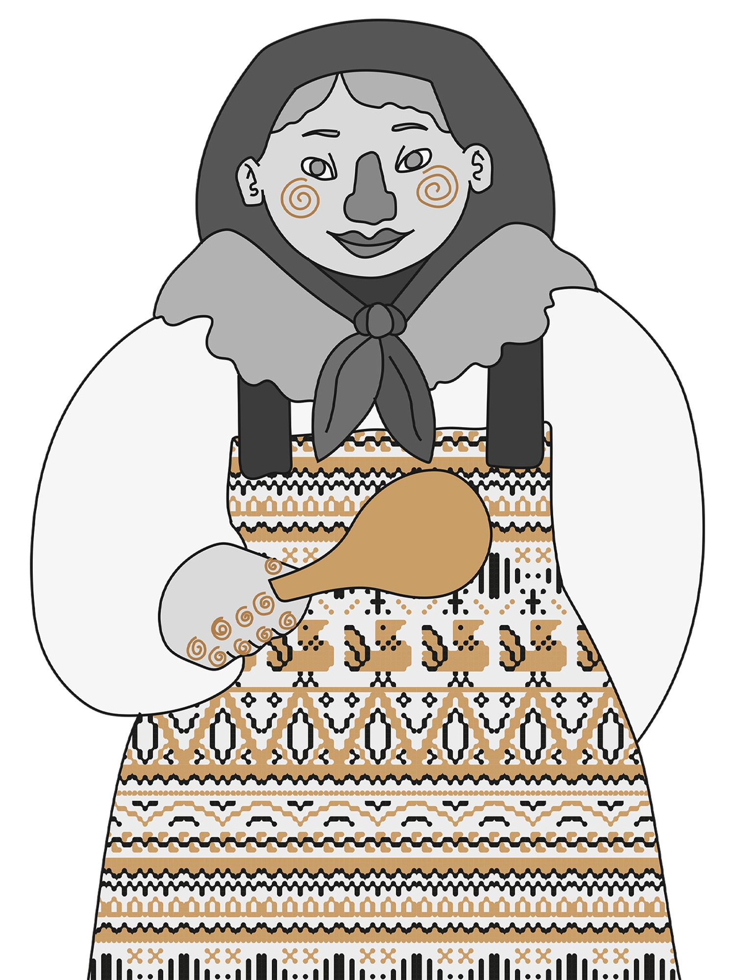 Illustrated Russian woman wearing patterned clothes