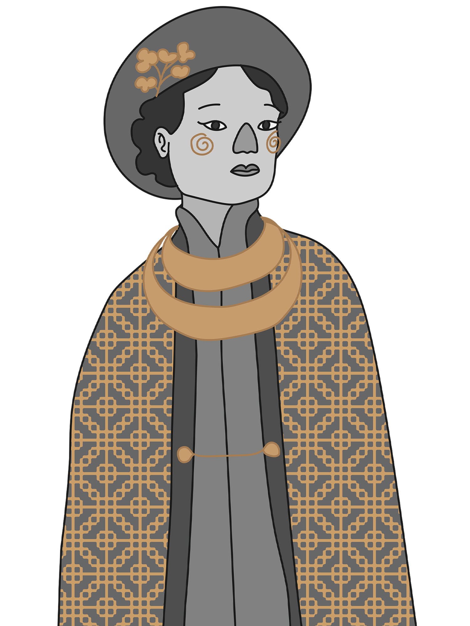 Illustrated Vietnamese woman wearing patterned clothes and a hat