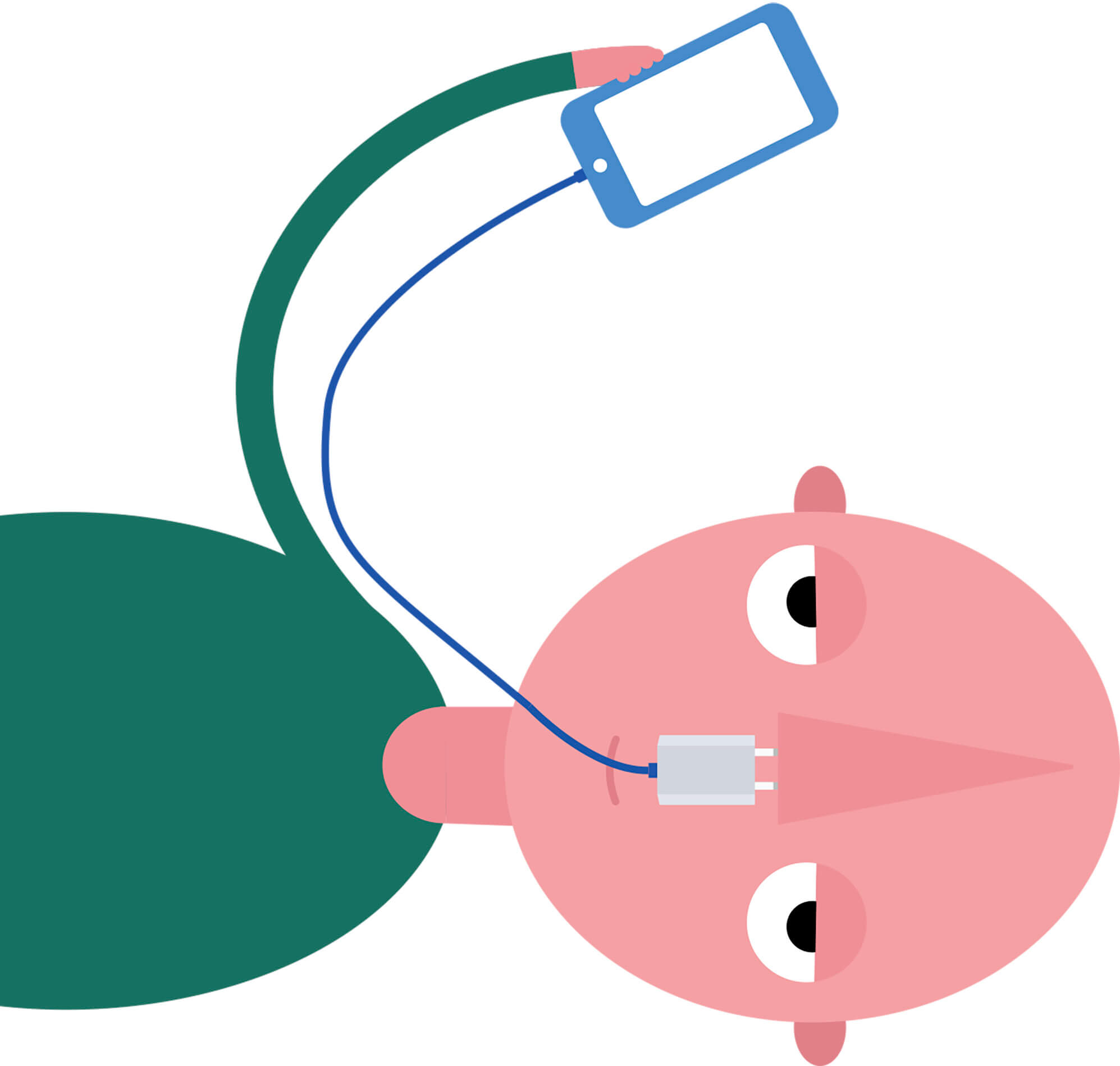 Character with charger in nose and phone in hand