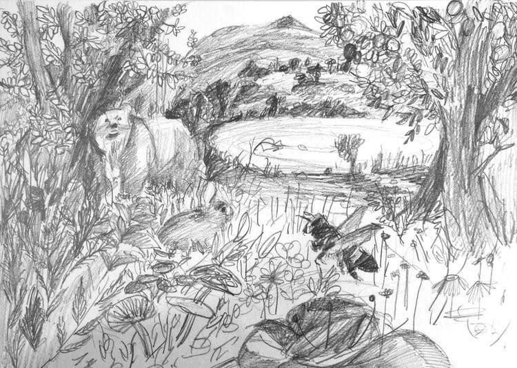 Black and white drawing of a polar bear in a landscape