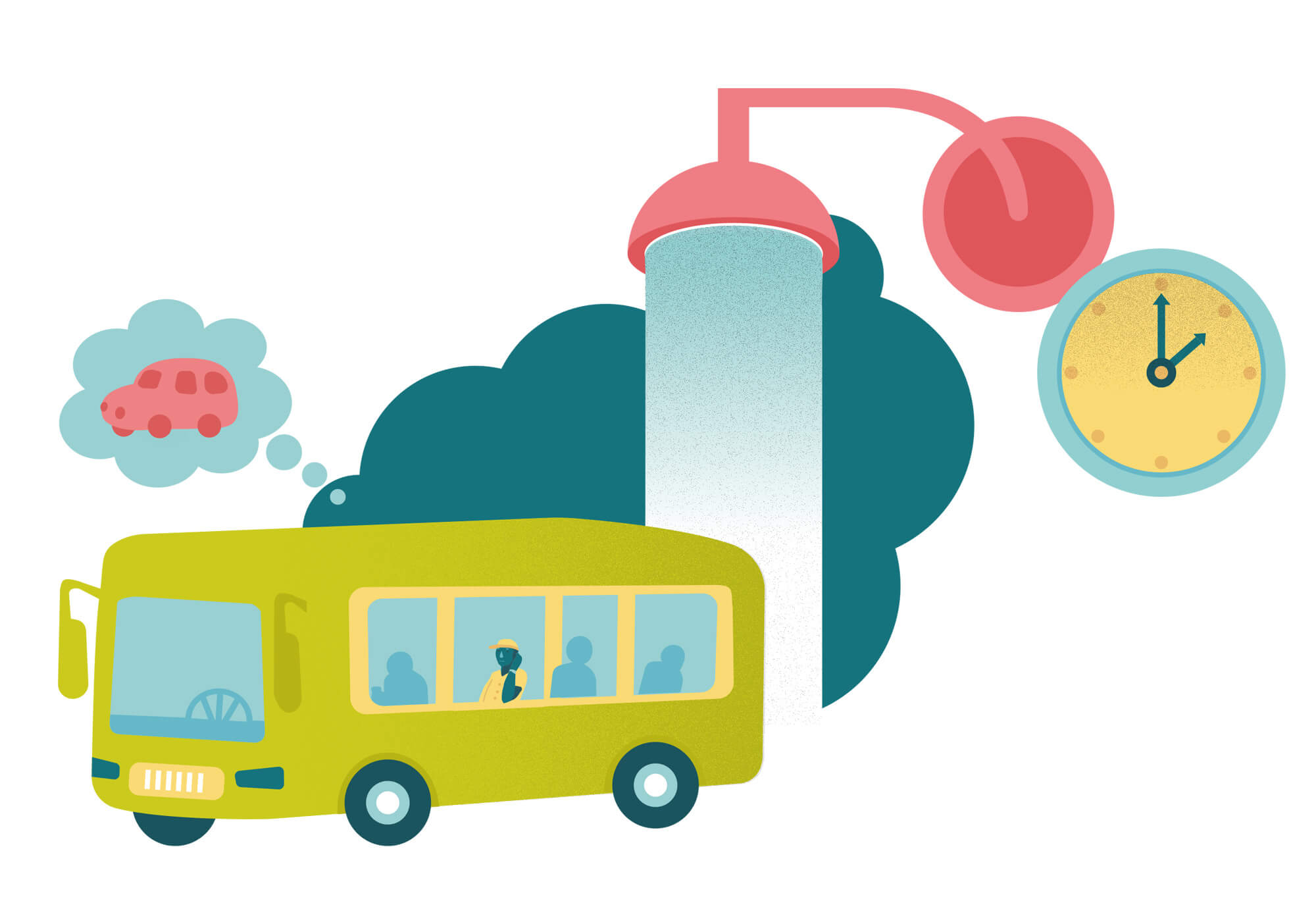 Illustrated bus, shower and clock